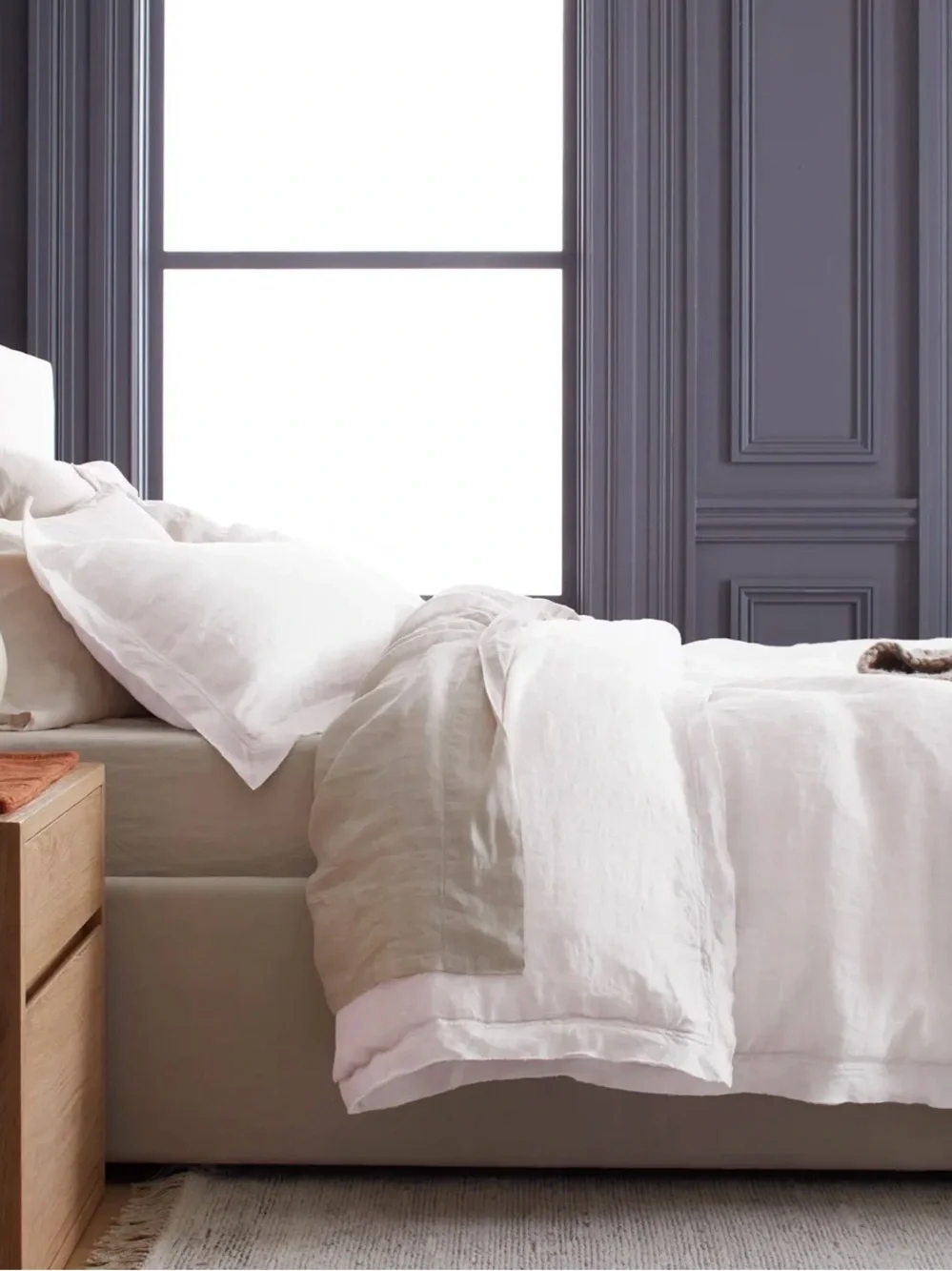 NEW European Linen Double Flange Duvet Cover Set, Full/Queen (White)